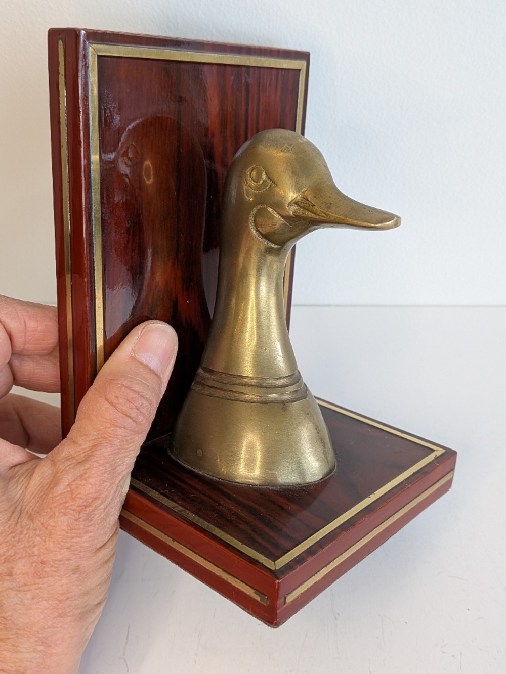 Vintage Brass Duck head single bookend on wooden base MCM Mallard Bust Study